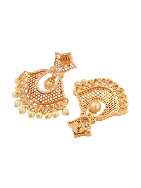 Rose Gold Plated AD Studded Modern Chandbali Pearl Drop Earrings