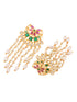 Gold Plated Red & Green AD Studded Crescent Shaped long Pearls Drop Earrings
