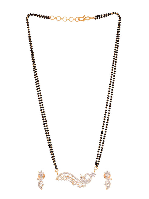 Gold Plated Black & White AD Studded & Beaded Mangalsutra Earrings