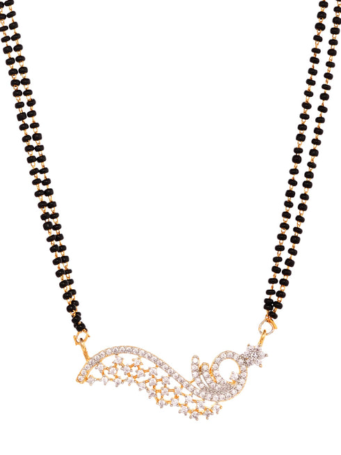 Gold Plated Black & White AD Studded & Beaded Mangalsutra Earrings