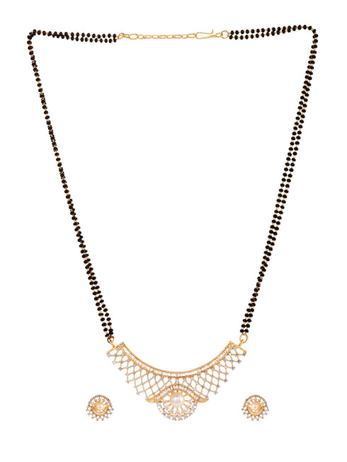 Gold Plated Black & White AD Studded & Beaded Mangalsutra Earrings