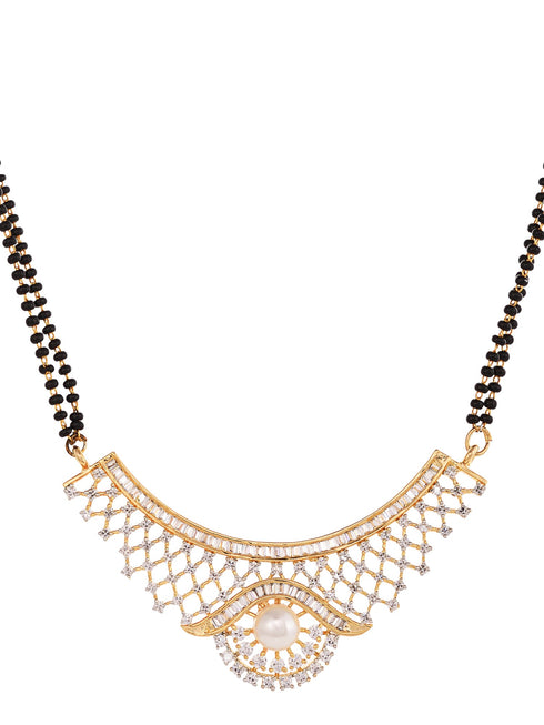 Gold Plated Black & White AD Studded & Beaded Mangalsutra Earrings