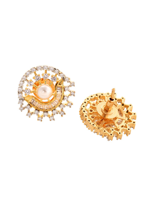 Gold Plated Black & White AD Studded & Beaded Mangalsutra Earrings