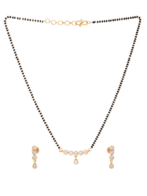Gold Plated Black & White AD Studded & Beaded Mangalsutra Earrings