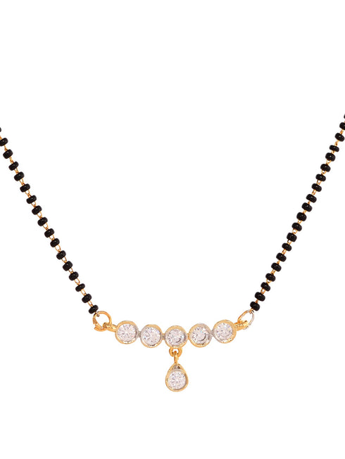 Gold Plated Black & White AD Studded & Beaded Mangalsutra Earrings