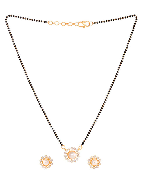 Gold Plated Black & White AD Studded & Beaded Mangalsutra Earrings