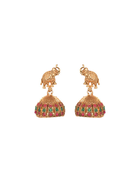 Gold Plated Kemp stone studded Pearl Beaded elephant motif Temple Jewellery Set