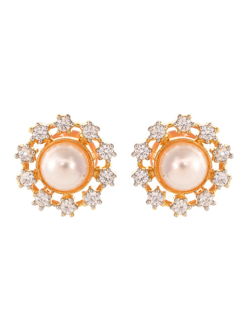Gold Plated Black & White AD Studded & Beaded Mangalsutra Earrings