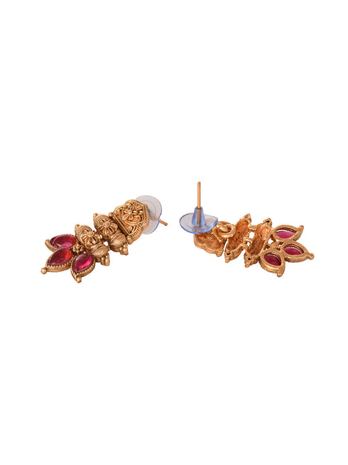Gold Plated Red stone studded Handcrafted Leaf design Temple Jewellery Set