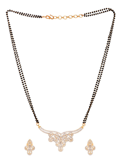 Gold Plated Black & White AD Studded & Beaded Mangalsutra Earrings