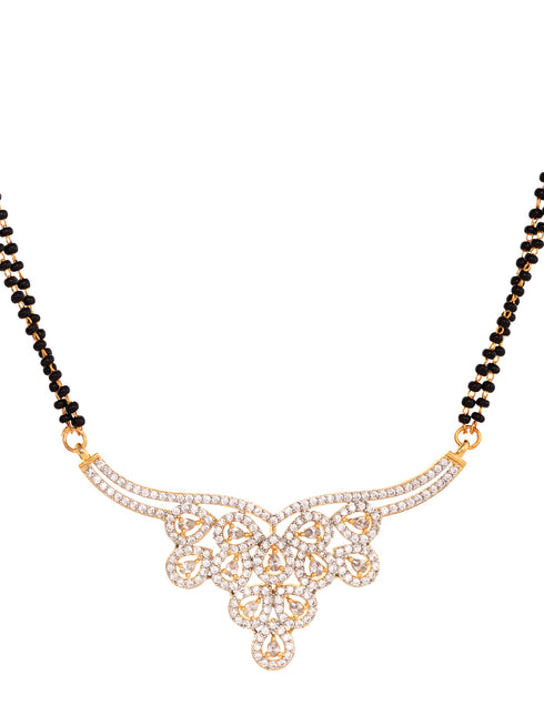 Gold Plated Black & White AD Studded & Beaded Mangalsutra Earrings