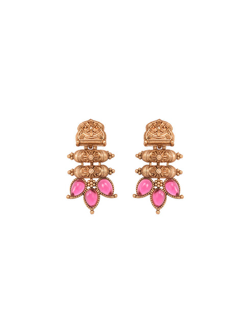 Gold Plated Red stone studded Handcrafted Leaf design Temple Jewellery Set