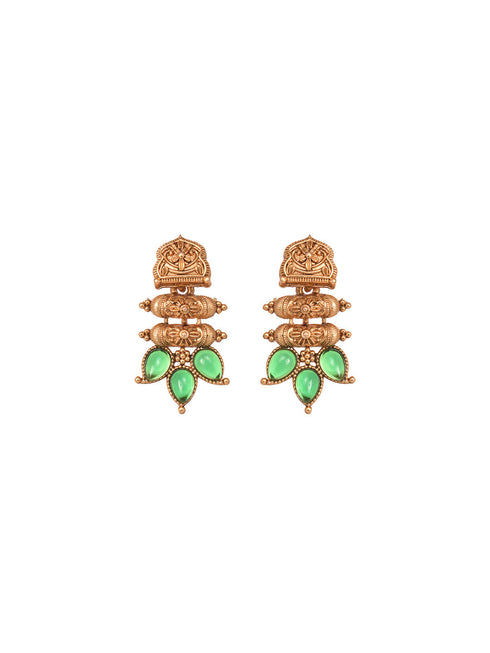 Gold Plated Green stone studded Handcrafted Leaf design Temple Jewellery Set