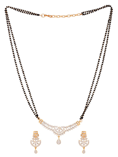 Gold Plated Black & White AD Studded & Beaded Mangalsutra Matching Earrings