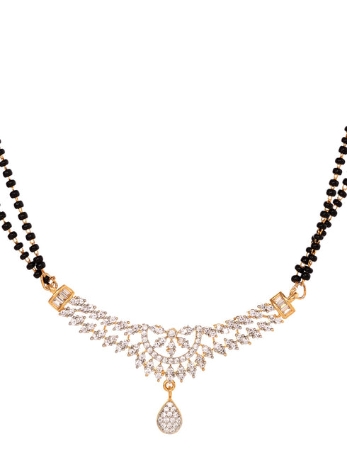 Gold Plated Black & White AD Studded & Beaded Mangalsutra Matching Earrings
