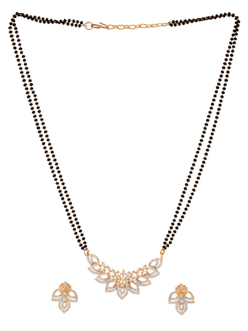 Gold Plated Black & White AD Studded & Beaded Mangalsutra Earrings