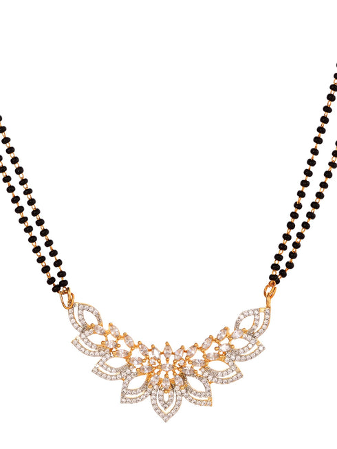 Gold Plated Black & White AD Studded & Beaded Mangalsutra Earrings