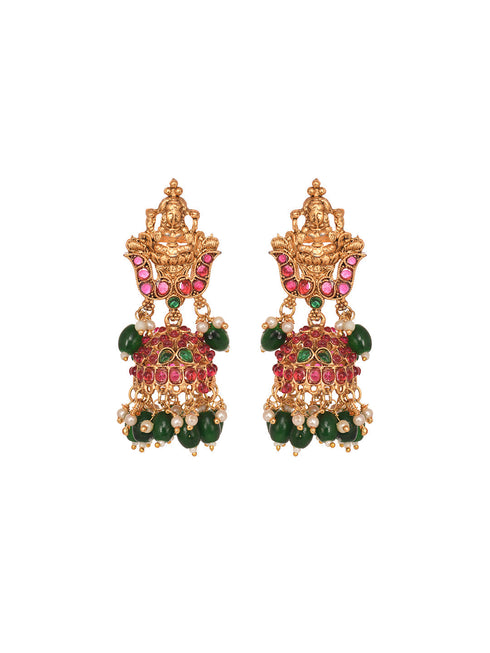 Gold Plated Kemp stone studded Temple design Necklace Green beads Jewellery set