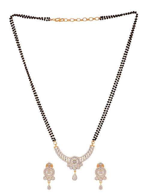 Gold Plated Black & White AD Studded & Beaded Mangalsutra Earrings