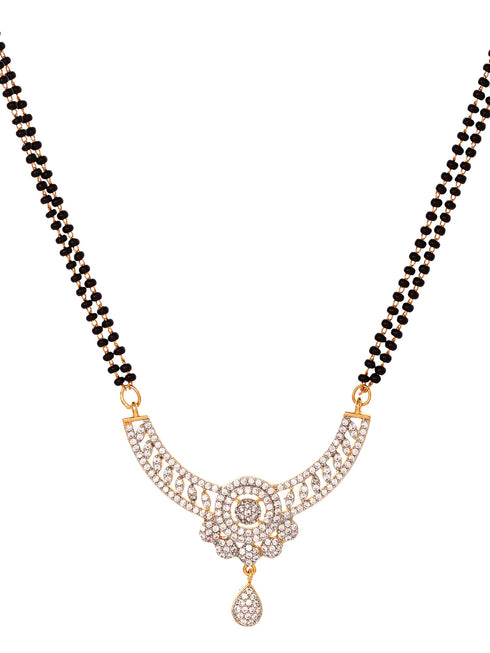 Gold Plated Black & White AD Studded & Beaded Mangalsutra Earrings