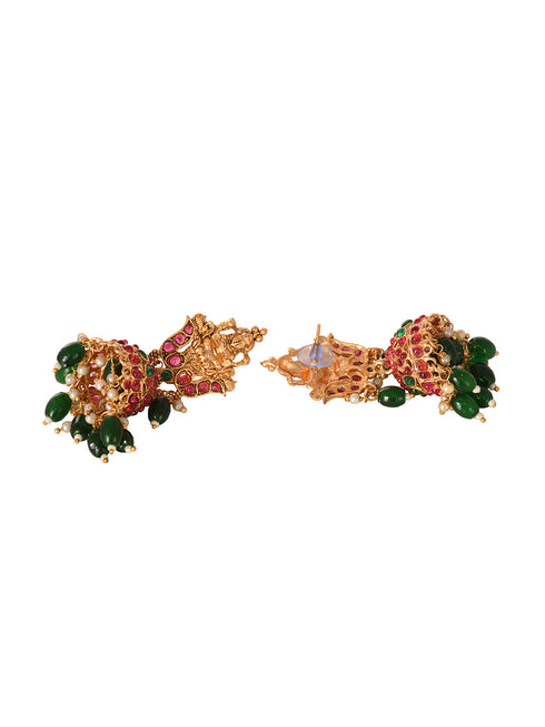 Gold Plated Kemp stone studded Temple design Necklace Green beads Jewellery set