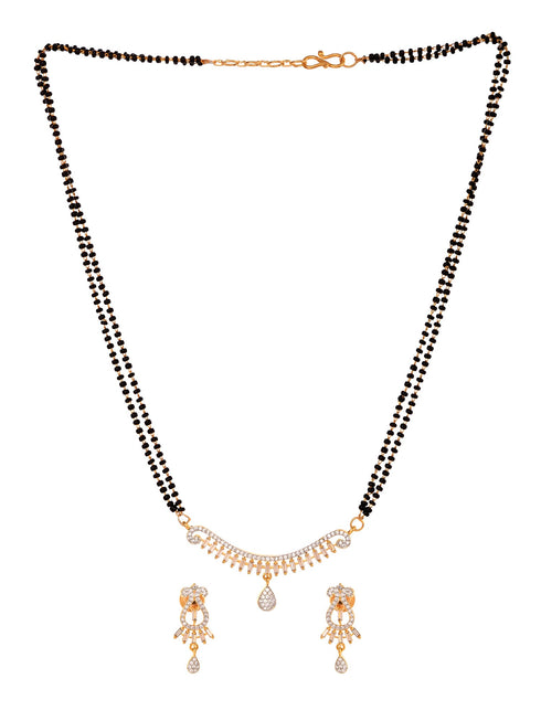 Gold Plated Black & White AD Studded & Beaded Mangalsutra Earrings