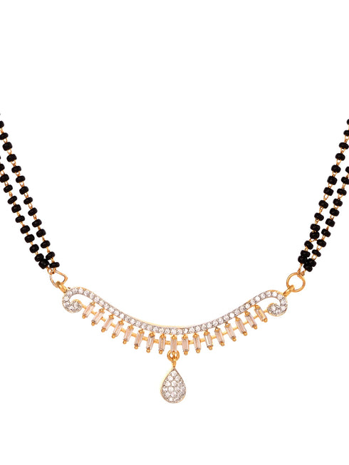 Gold Plated Black & White AD Studded & Beaded Mangalsutra Earrings