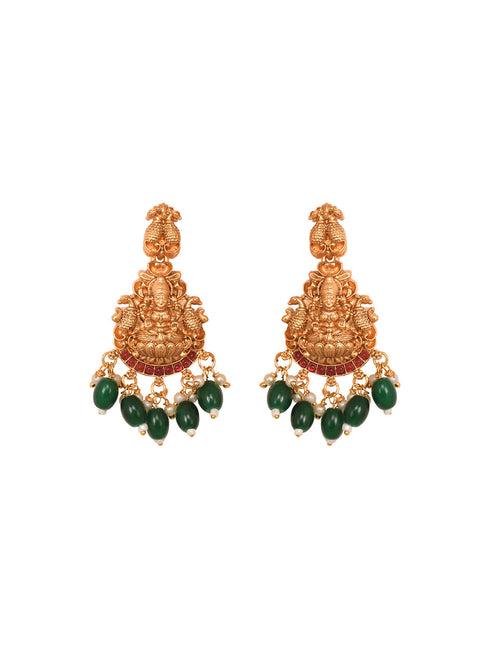 Gold Plated Multi stone studded Handcrafted Exquisite Lakshmi ji & Peaacock Design Temple Jewellery Set
