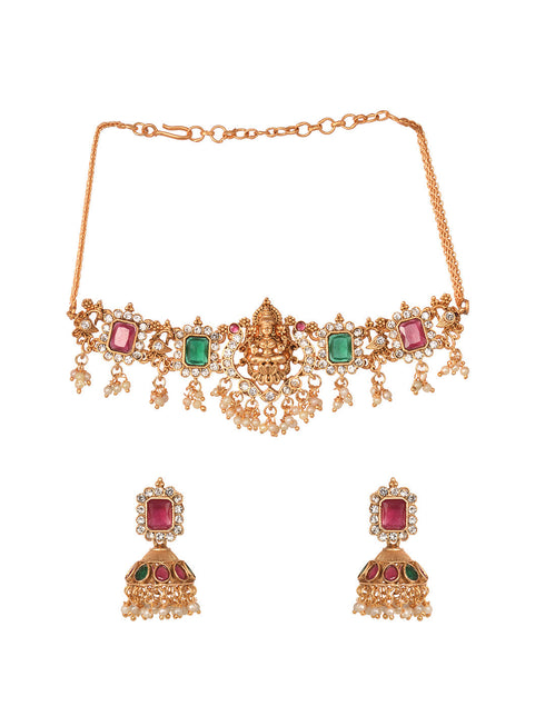 Gold Plated Green & Red stone studded Handcrafted Exquisite Design Lakshmi ji Temple Jewellery Set