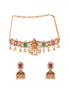 Gold Plated Green & Red stone studded Handcrafted Exquisite Design Lakshmi ji Temple Jewellery Set
