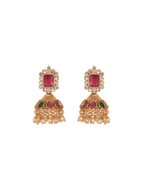 Gold Plated Green & Red stone studded Handcrafted Exquisite Design Lakshmi ji Temple Jewellery Set