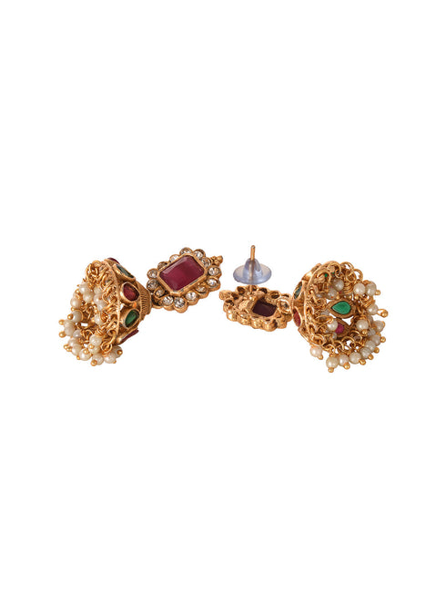 Gold Plated Green & Red stone studded Handcrafted Exquisite Design Lakshmi ji Temple Jewellery Set