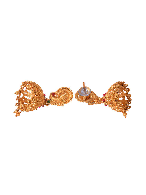 Gold Plated Multi stone studded Handcrafted Exquisite Temple Lakshmi ji & Peacock Design Jewellery Set