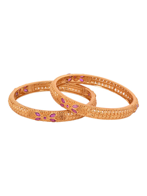 Set Of 2 Gold Plated Pink Colored Floral Filigree bangles