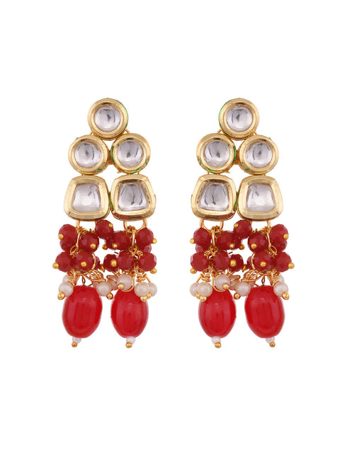 Gold Toned Kundan & Red Bead studded Handcrafted Jewellery Set
