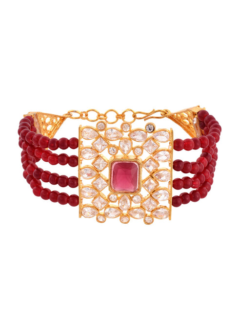 Gold Plated Red and White Polki Red Beads Wraparound bracelet