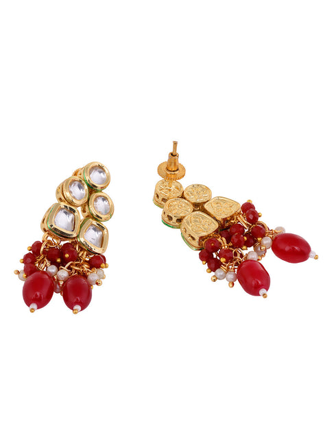 Gold Toned Kundan & Red Bead studded Handcrafted Jewellery Set
