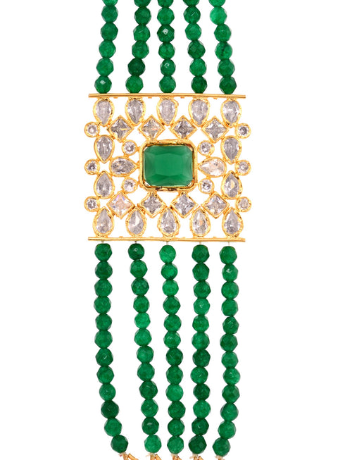 Gold Plated White Polki Green Beads Wraparound Bracelet