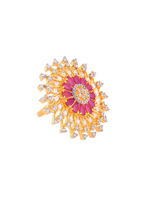 Gold Plated White & Red AD Studded Solar Cocktail Finger Ring