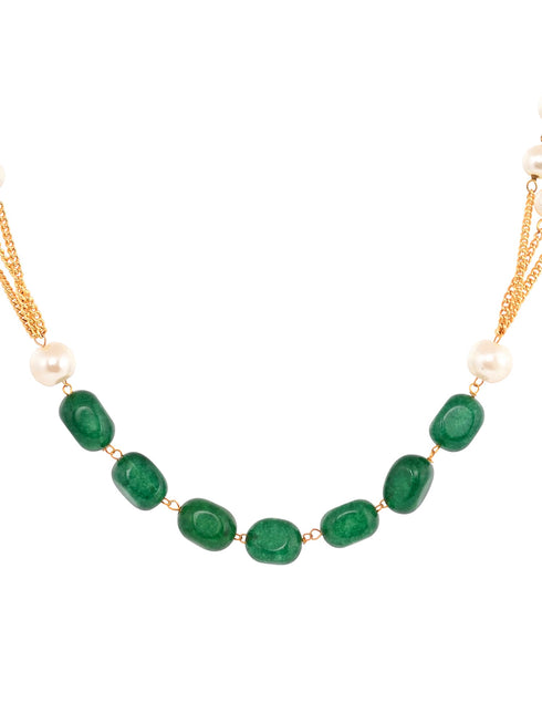 Gold Toned Multi Layered White & Green Pearls Beaded Mala Jewellery Set Earrings
