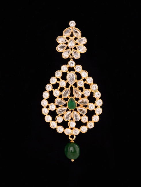Gold Plated White Polki Green Beads Long Traditional Jewellery Set Dropdown Earrings