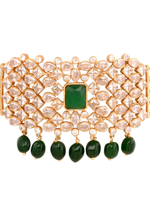 Gold Plated White Polki Green Beads Traditional Choker Jewellery Set