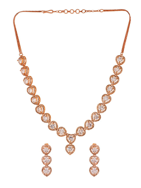 Rose Gold Toned AD Studded Minimal heart Shaped Necklace Jewellery Set Combo