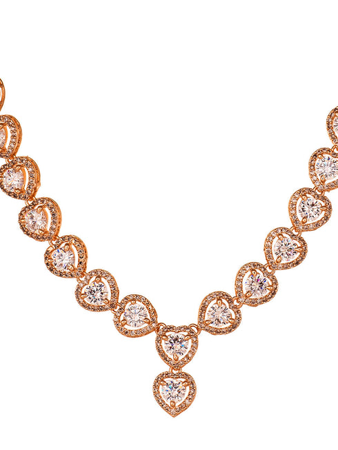 Rose Gold Toned AD Studded Minimal heart Shaped Necklace Jewellery Set Combo
