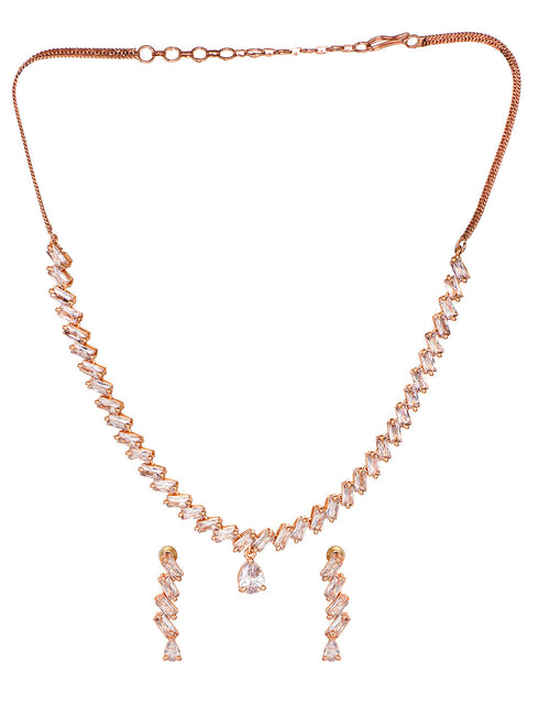 Rose Gold Plated AD Studded Zig Zag Minimal Necklace Jewellery Set