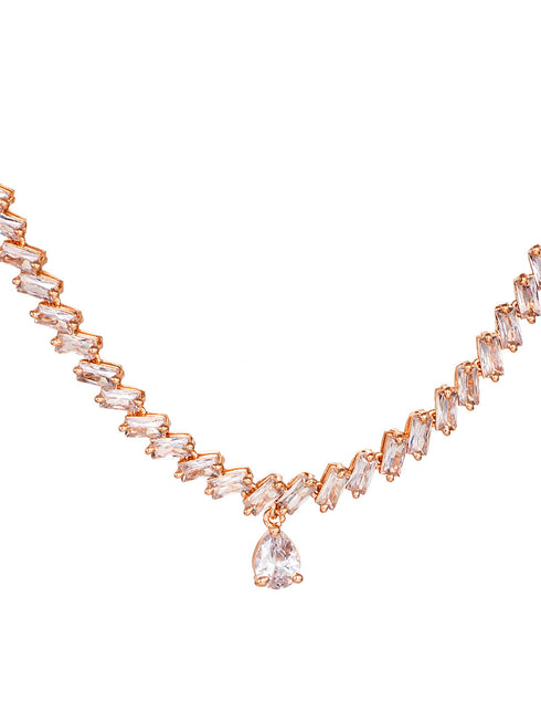 Rose Gold Plated AD Studded Zig Zag Minimal Necklace Jewellery Set