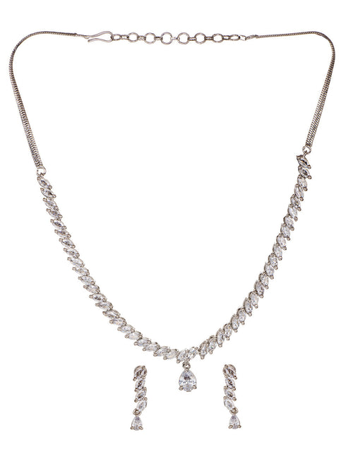 White Rhodium Plated AD Studded Zig Zag Minimal Necklace Jewellery Set