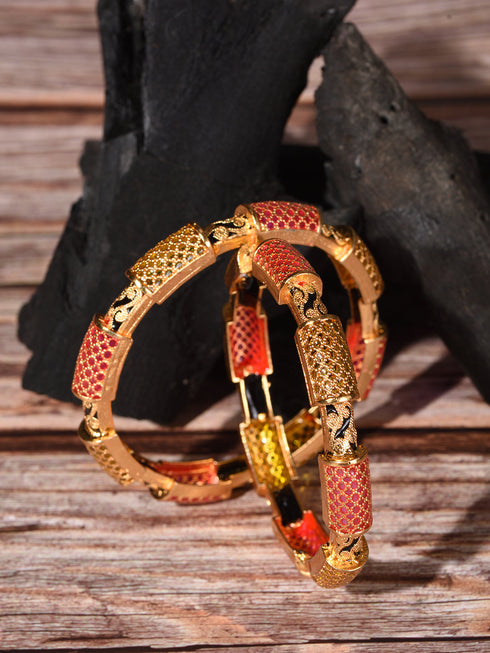 Set Of 2 Gold Toned Pink & Black Stone Studded Handcrafted Bangles