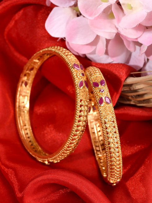 Set Of 2 Gold Plated Pink Colored Floral Filigree bangles