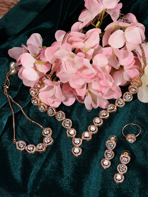 Rose Gold Toned AD Studded Minimal heart Shaped Necklace Jewellery Set Combo